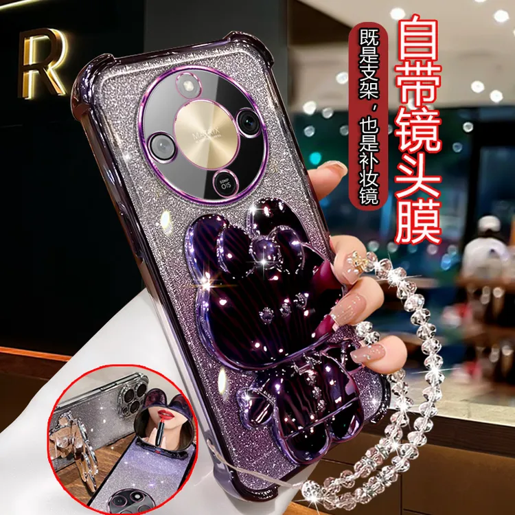 适用新款荣耀X70手机壳四角防摔MTN-AN00网红卡通支架H0N0R闪粉壳