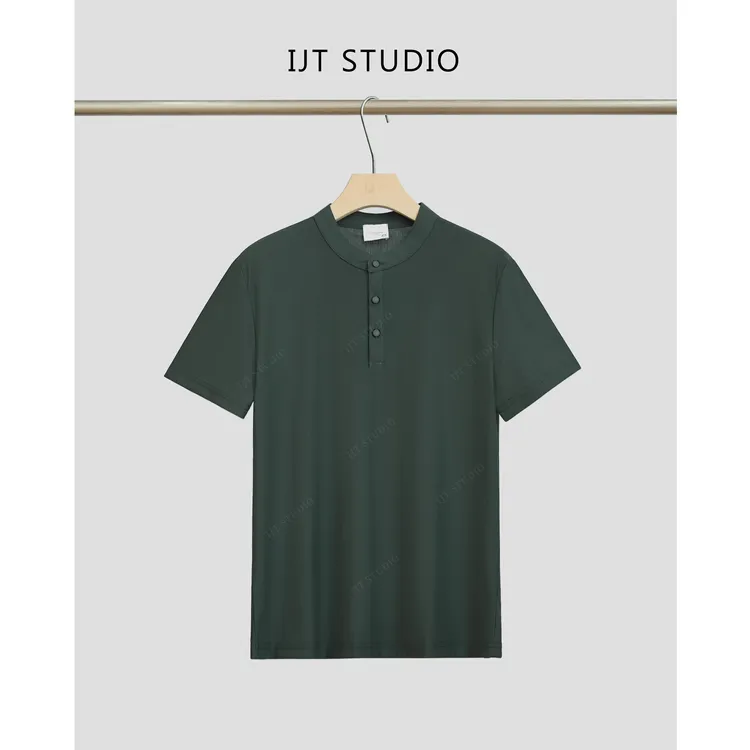 IJT studio夏季新品简约清凉透气纯色亨利领短袖圆领T恤99330