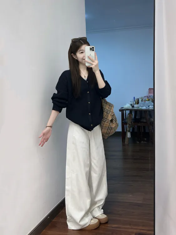 【拉奈海岛】纯色高级感藏青色针织开衫高腰直筒阔腿牛仔裤显瘦套装