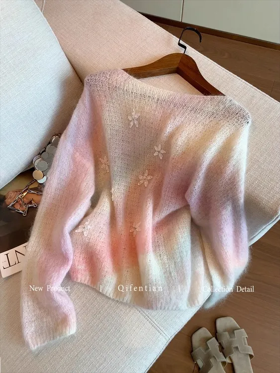 温柔彩色晕染花朵毛衣女装2025秋季新款慵懒风软糯套头针织衫上衣