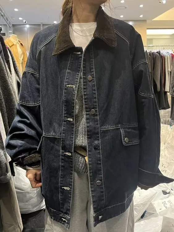 apM【_tug】韩国东大门冬季保暖复古水洗牛仔鸭绒宽松羽绒服外套