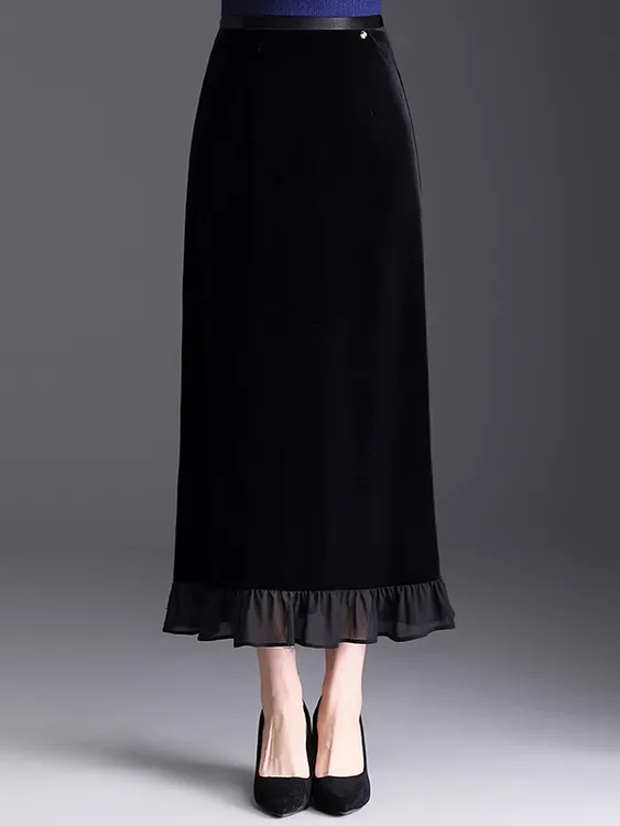 黑色金丝绒直筒半身裙荷叶边裙子女秋季新款气质长裙开叉包臀裙子