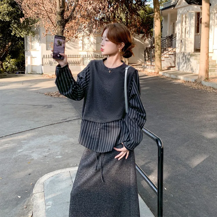慵懒风条纹拼接套装裙2025春秋新款小众松弛感韩系ins灰色两件套