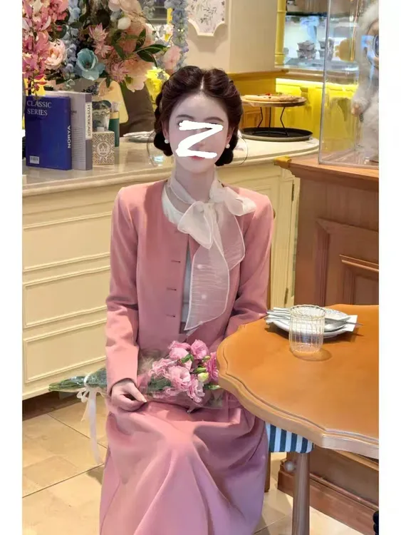 现665#韩系温柔风粉色套装秋冬款毛呢外套高腰半身裙两件套