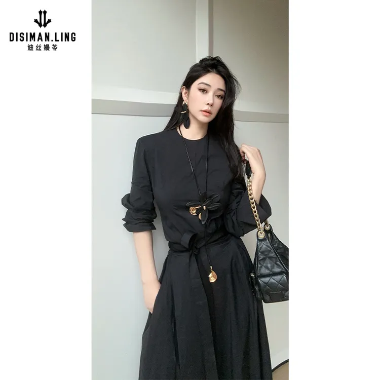 迪丝嫚苓黑色梭织套装长袖休闲女士修身时尚百搭小众感原创设计师