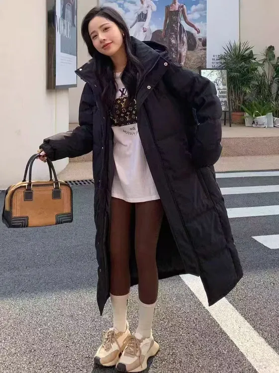 长款中戏棉服情侣款加厚黑色百搭修身版连帽潮流过膝中长款秋冬