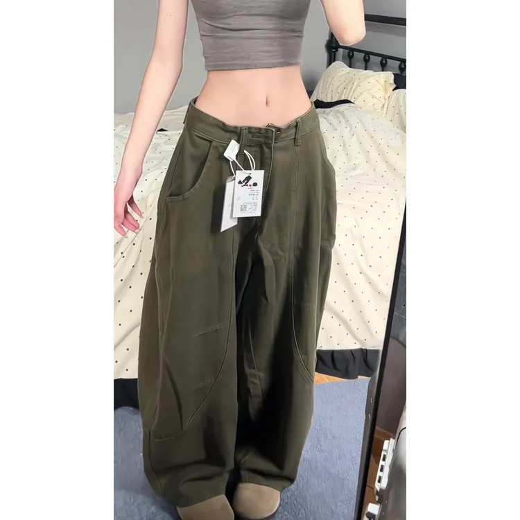 大码水洗军绿色直筒阔腿牛仔裤女夏季新款复古宽松设计百搭拖地裤