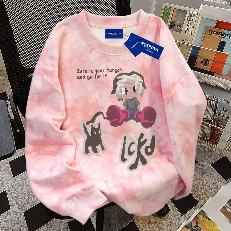 韩版个性慵懒风扎染圆领卫衣男女秋冬季加绒加厚宽松显瘦爆款上衣