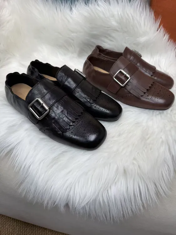 新款【高级定制】一字式扣带单鞋流苏复古皮鞋女款99-78时尚百搭