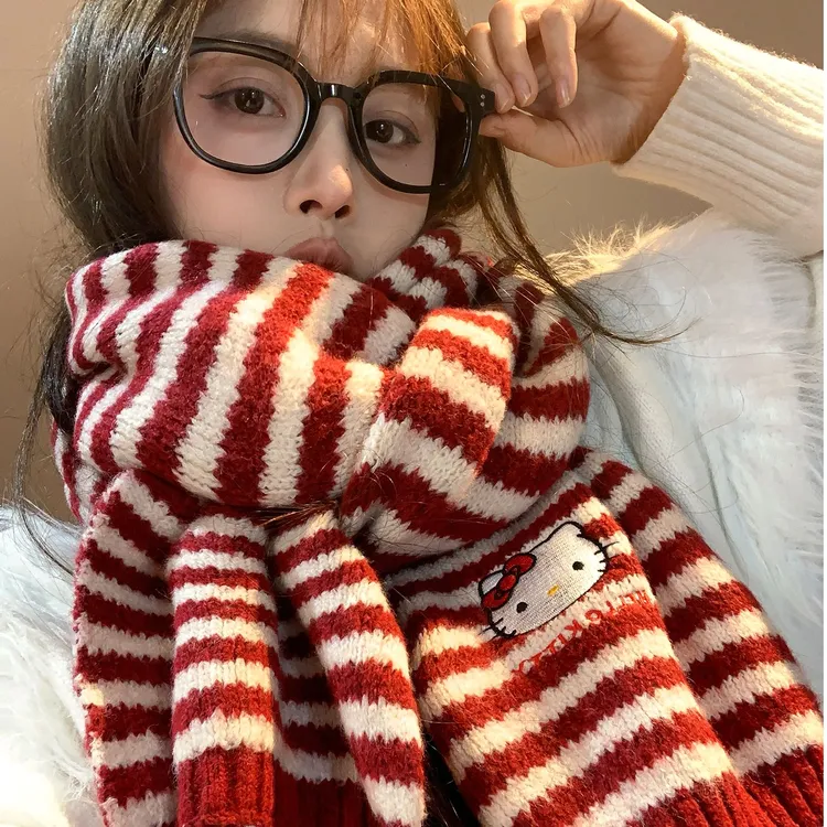 三丽鸥正版HelloKitty可爱卡通红色条纹围巾女冬加厚保暖针织围脖