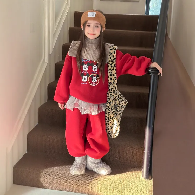 冬季新款韩版儿童卡通印花加绒套装女童德绒保暖两件套