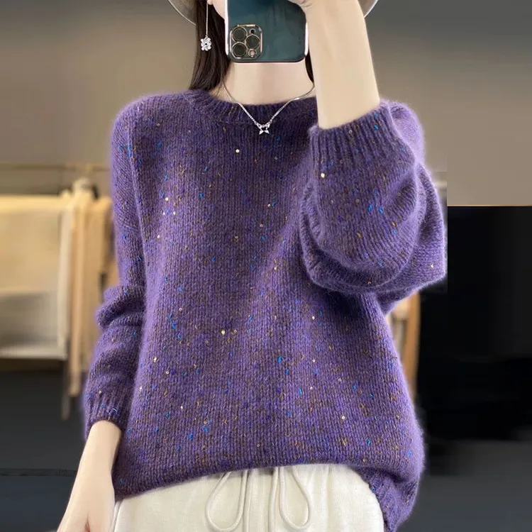 早秋加厚简约衫女秋冬宽松2025新款大码内搭珠片圆领针织打底衫