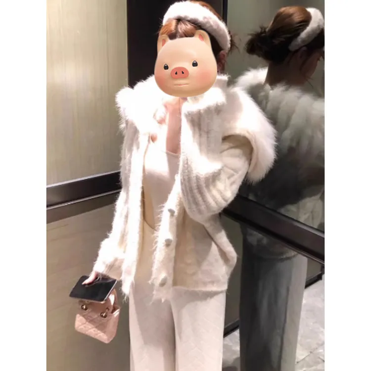 法式大毛领白色翻领毛衣外套女秋冬季加厚保暖慵懒风针织开衫上衣