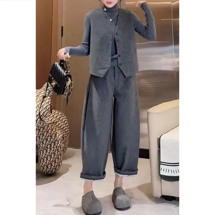 艾塔莉秋季厚款毛呢时尚套装阔腿裤减龄洋气马甲休闲裤秋装小个子