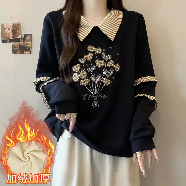 2025冬季新款加绒加厚假两件娃娃领卫衣女胖妹妹宽松显瘦保暖上衣