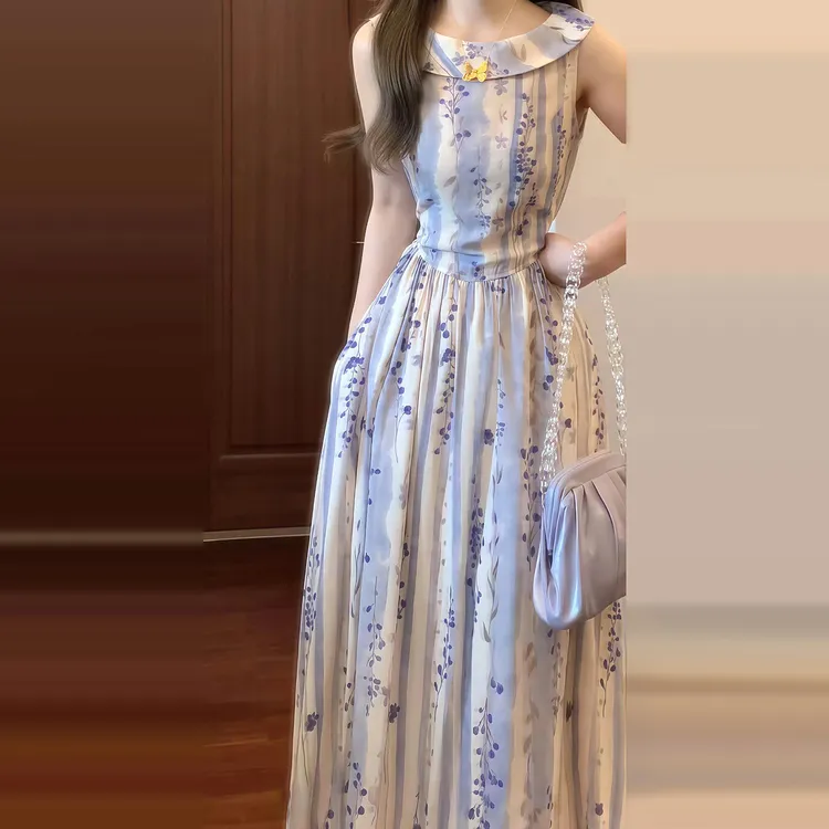 法式无袖条纹碎花连衣裙子女夏季2025新款温柔风气质绝美收腰长裙