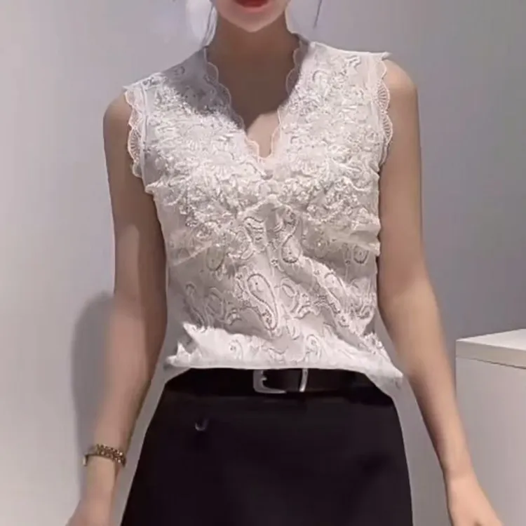 新款法式设计感2025小众蕾丝背心拼接无袖T恤女重工小衫/8590