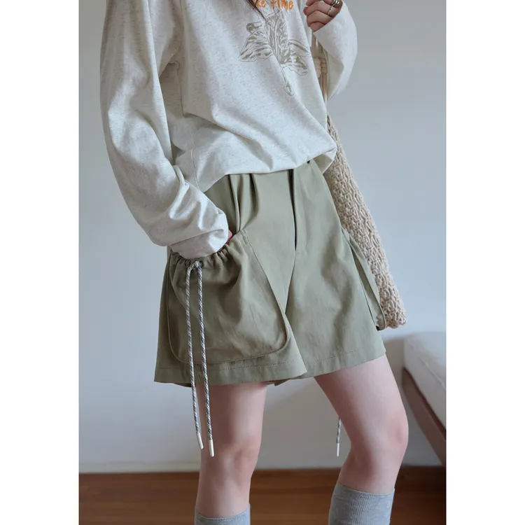 1313显腿长立体口袋！轻工装山系豆绿色抽绳女廓形阔腿休闲裤短裤