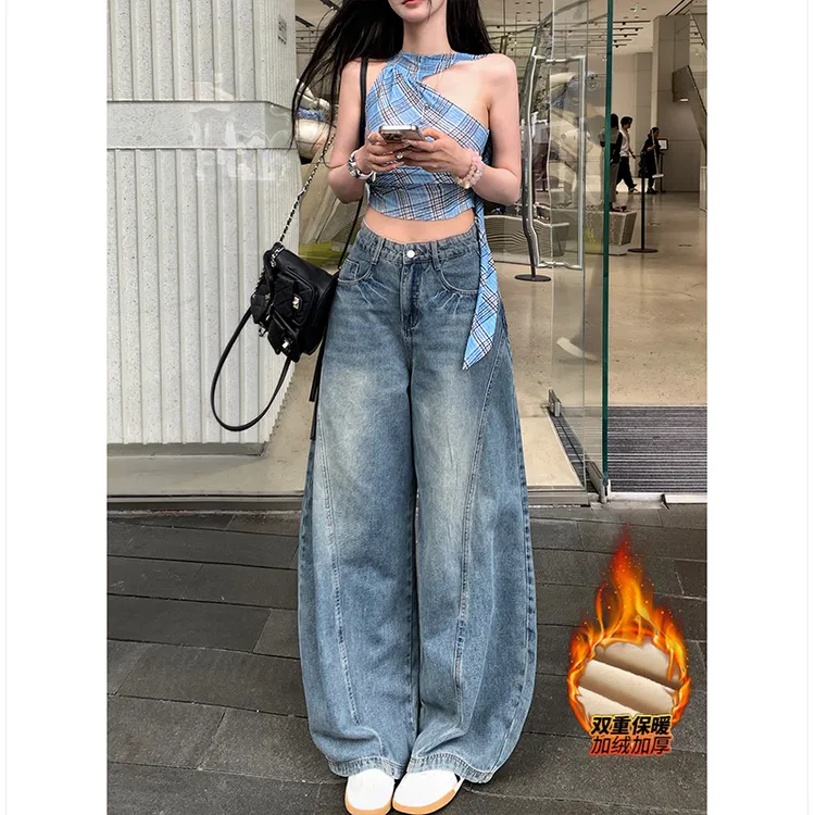 加绒美式高街弯刀牛仔裤女2025冬季新款高腰宽松显瘦痞帅阔腿裤