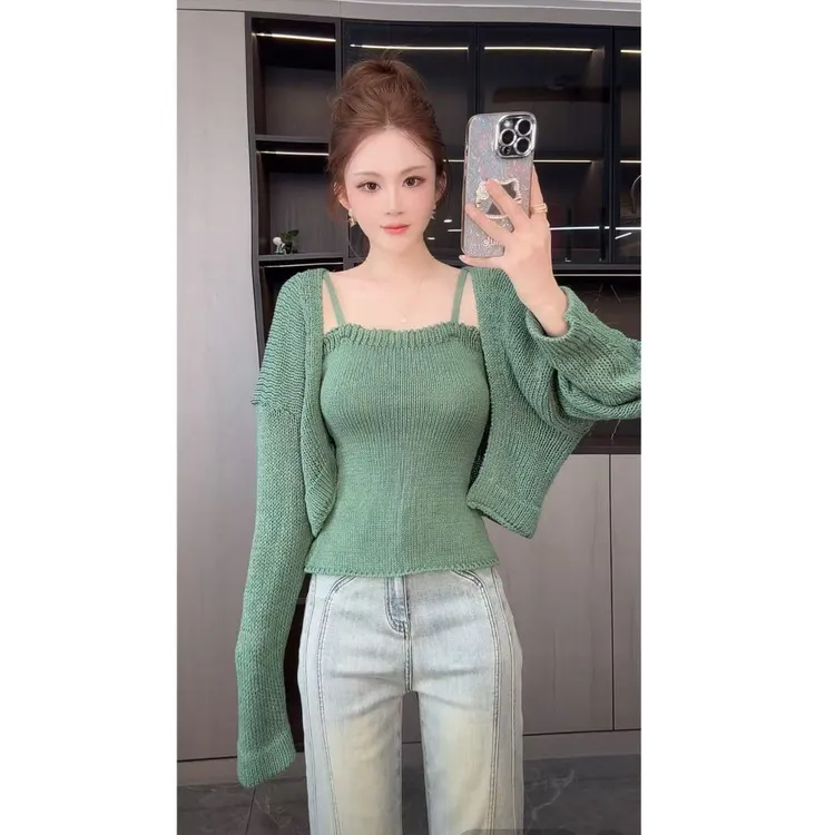 曼曼【秋日诗行】软糯针织外套+抹胸背心两件套毛衣25956#