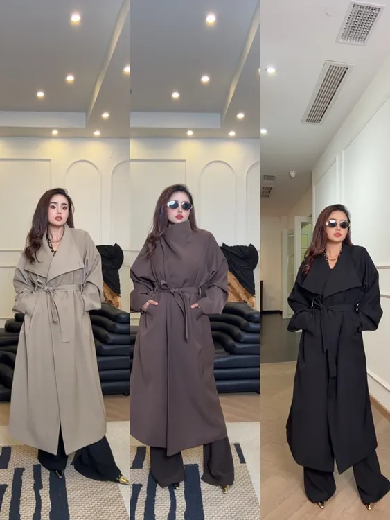 秋季时尚洋气显瘦长款大翻领风衣外套9813