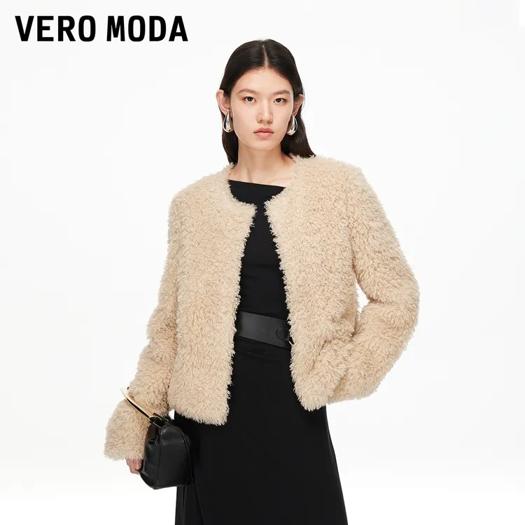 Vero Moda外套女2025秋冬新款宽松圆领勾扣毛绒外套百搭老钱风