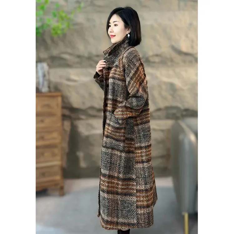 高级感宽松格子大衣女2025秋冬新款文艺范中长款加厚气质毛呢外套