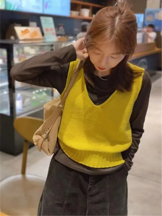 新款时尚洋气百搭女装套装2025秋季新款洋气V领针织背心+咖色T恤
