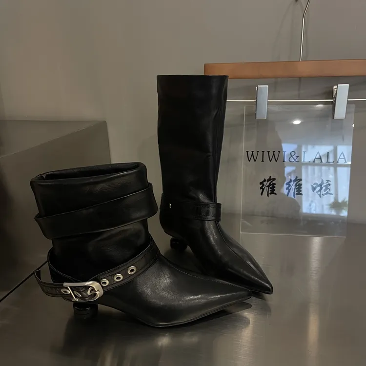 【维维啦】AW25秋款牛皮尖头绑带小跟鞋2655-1短靴中靴双穿款