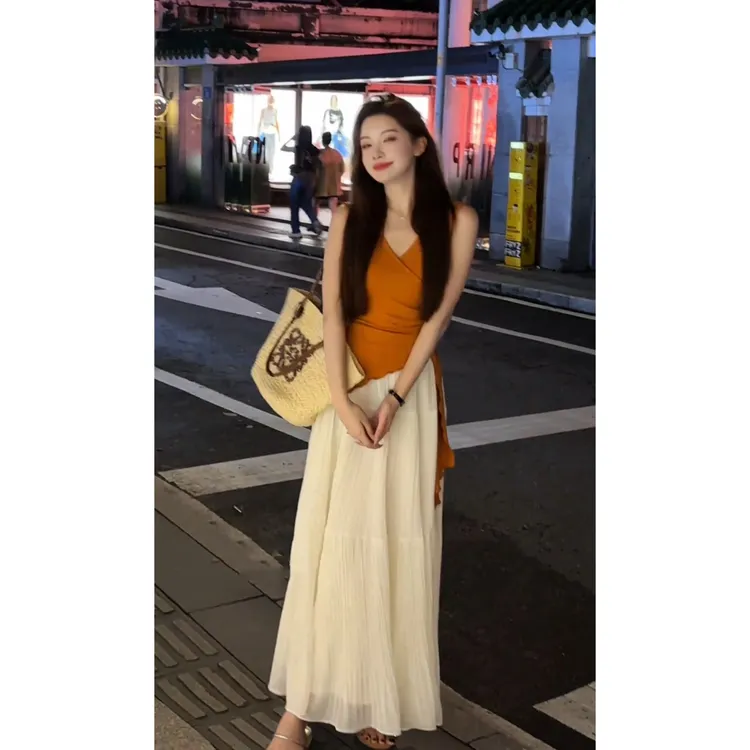 parkyeon韩里韩气穿搭橘色V领吊带背心收腰上衣仙女半身裙套装