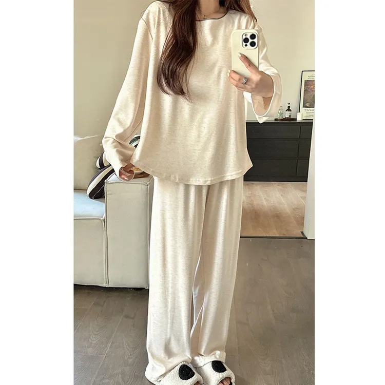 睡衣女春秋款长袖绵羊绒纯色简约学生秋冬季薄款家居服套装带胸垫
