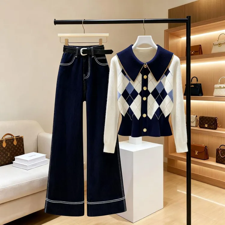法式轻熟风时尚套装复古撞色秋装显瘦上衣高腰百搭直筒裤一整套女