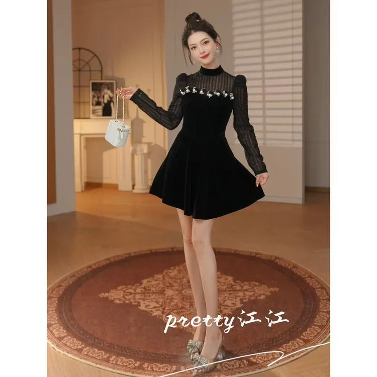 Pretty小众设计师品牌江江定制 性感纯欲拼接复古名媛连衣裙15587