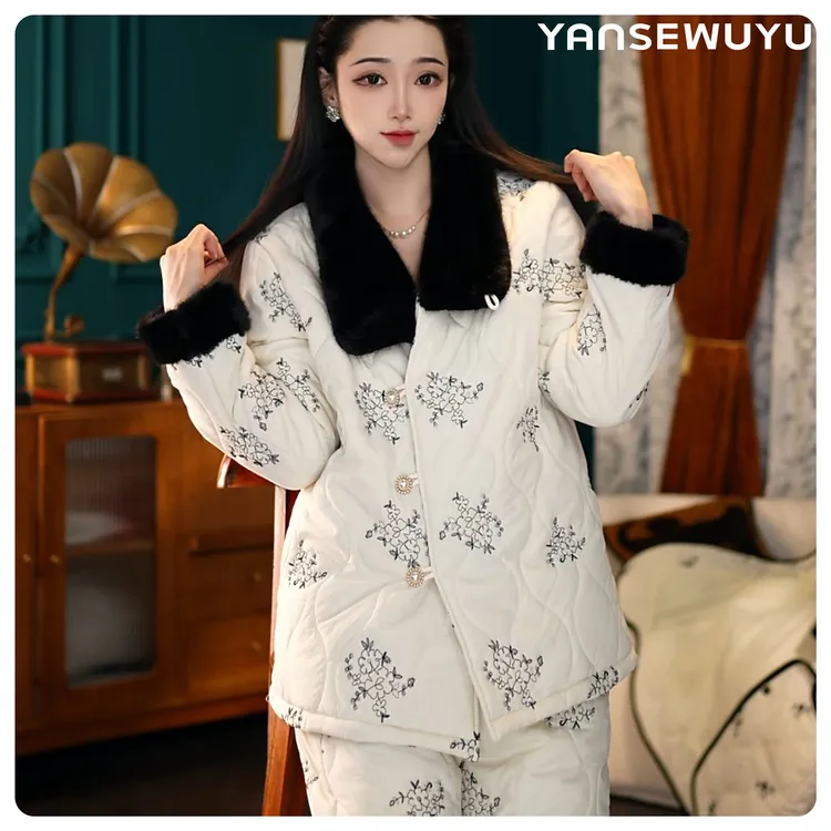 【柔云星叙系列02】-黑领两用短-翻领冬季加厚三层夹绵可外穿家居服