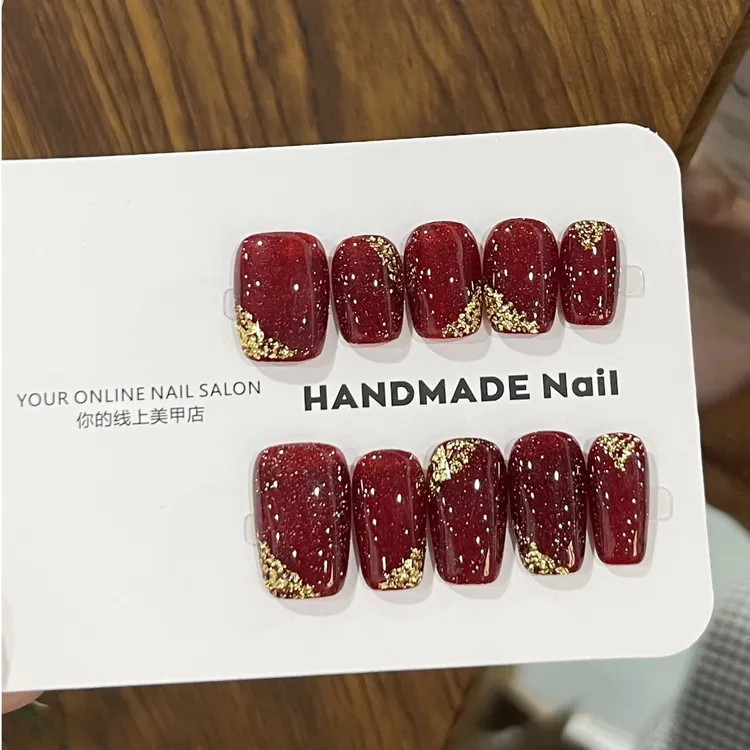 【红曜石】奶茶纯手工红色金箔高级气质简约红金穿戴甲可拆卸成品