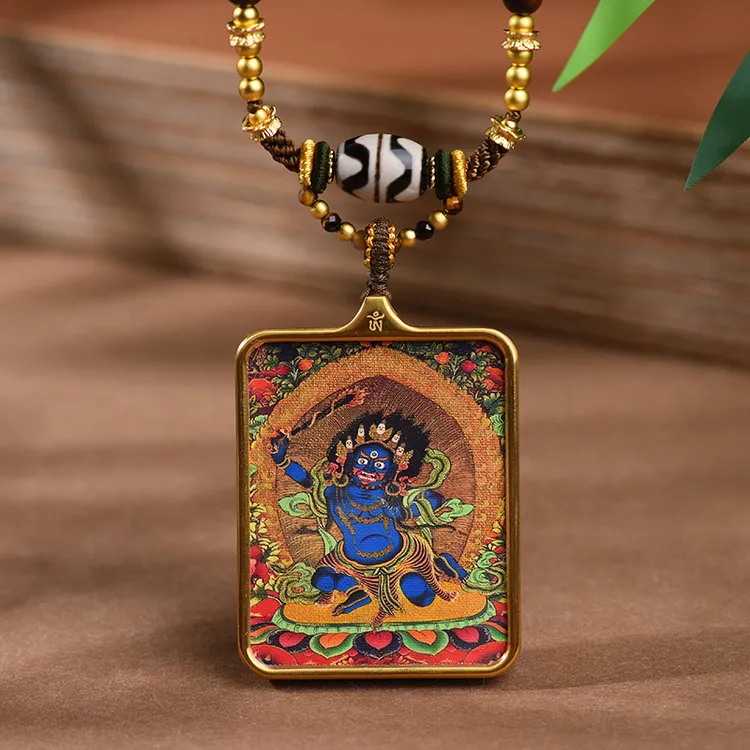 钛钢棉绳项链 黑财神唐卡配饰（招米）饰品长款复古彩色藏式吊坠