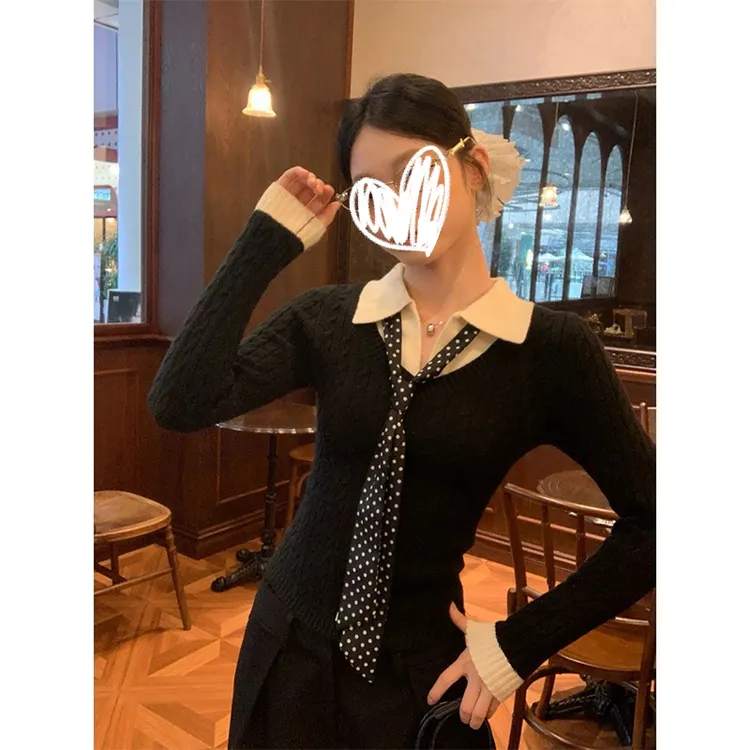 咖色Polo领假两件针织衫女秋冬毛衣内搭修身短款长袖小上衣设计感