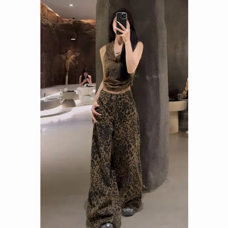 美式高街工装阔腿豹纹牛仔裤女春秋高腰宽松显瘦直筒裤拖地裤911