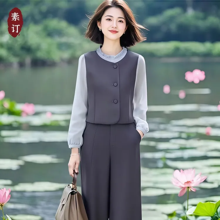 素订女装原创品牌假两件拼接西装上衣后松紧腰阔腿裤套装秋季新款