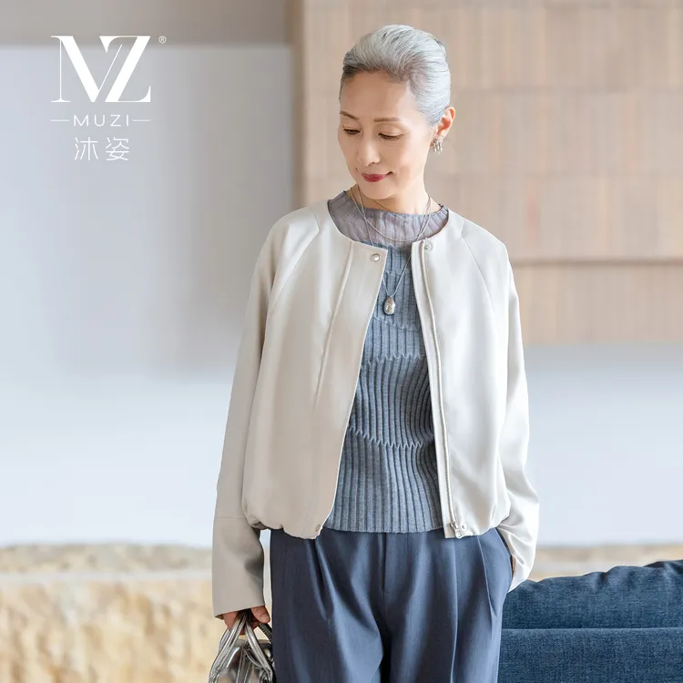 沐姿妈妈装简约圆领短外套中老年女装春秋宽松休闲夹克上衣