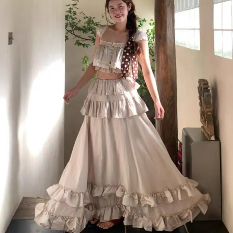 法式浪漫少女感荷叶边吊带连衣裙上衣+半裙套装女2025新款