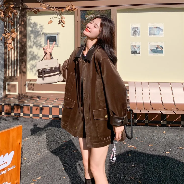 高级感复古风卡其色绒面拼接领工装夹克女中长款外套机能风秋冬季