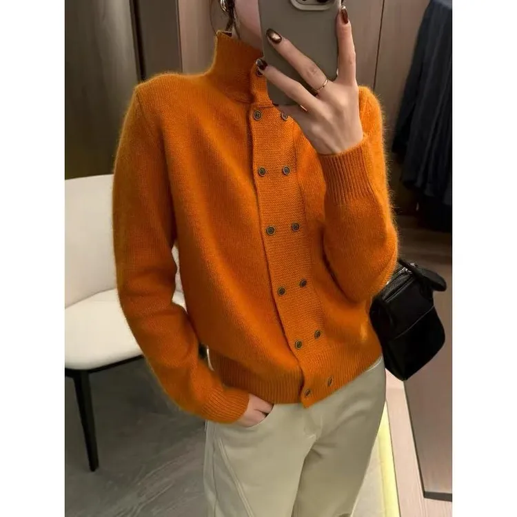 【气质双排扣】可翻可立领高领针织开衫女冬装新款欧货女装打底毛衣
