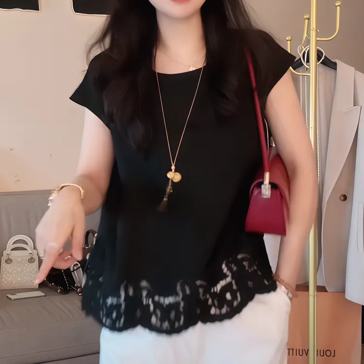 2025夏季新款高定肌理感花边下摆设计感镂空纯色通勤时尚百搭上衣