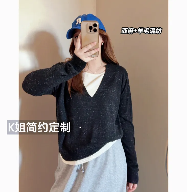 GTNER"KK定制"早秋新款假两件针织衫时尚百搭宽松长袖上衣D2007