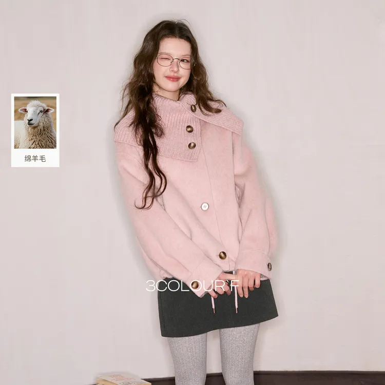 【100绵羊毛】三彩独醒2025冬季新款双面呢大衣短款翻领拼接F