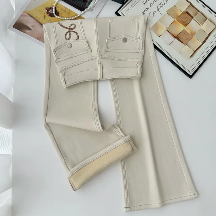 杏色显腿长超模裤加绒微喇裤牛仔裤女设计感休闲筒喇裤2