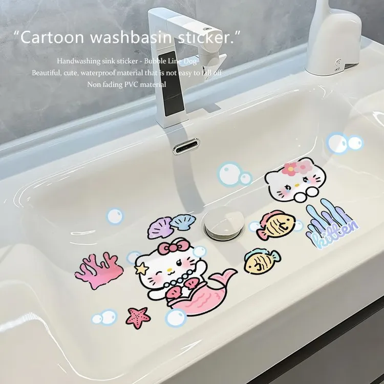卡通kt猫卫生间浴室厨房瓷砖贴纸遮丑洗手台洗手池防水贴纸贴画
