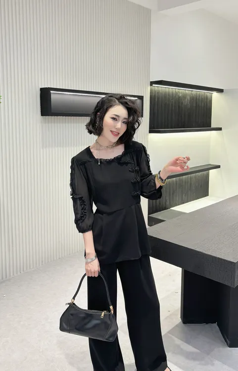 2025夏季新款轻奢花边袖显瘦气质高腰垂感洋气女神时尚阔腿套装