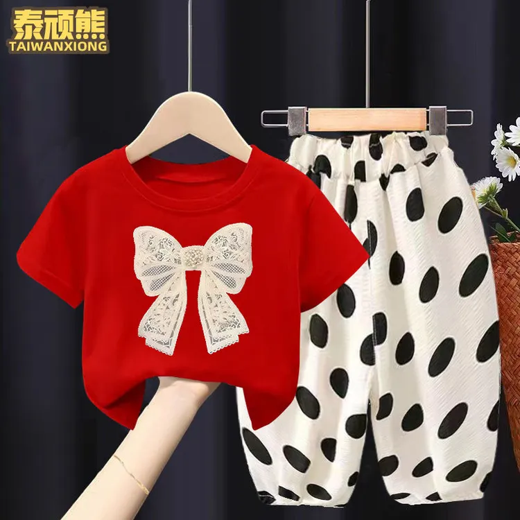 女童夏季套装新款儿童短袖T恤宝宝小童时尚潮流波点裤长裤两件套